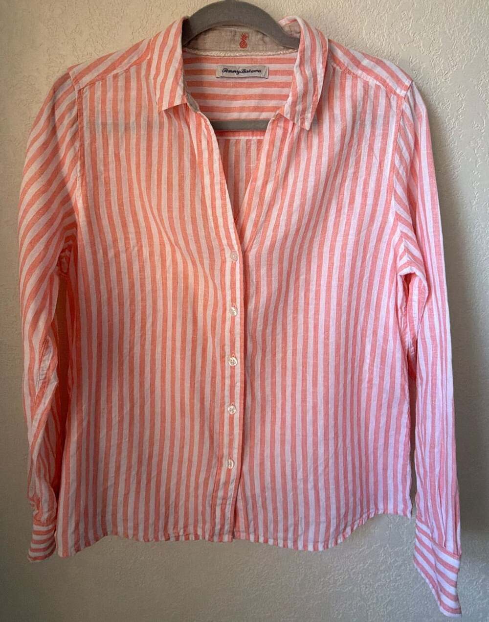 Tommy Bahama Button-Up Shirt Orange Striped 100% Linen